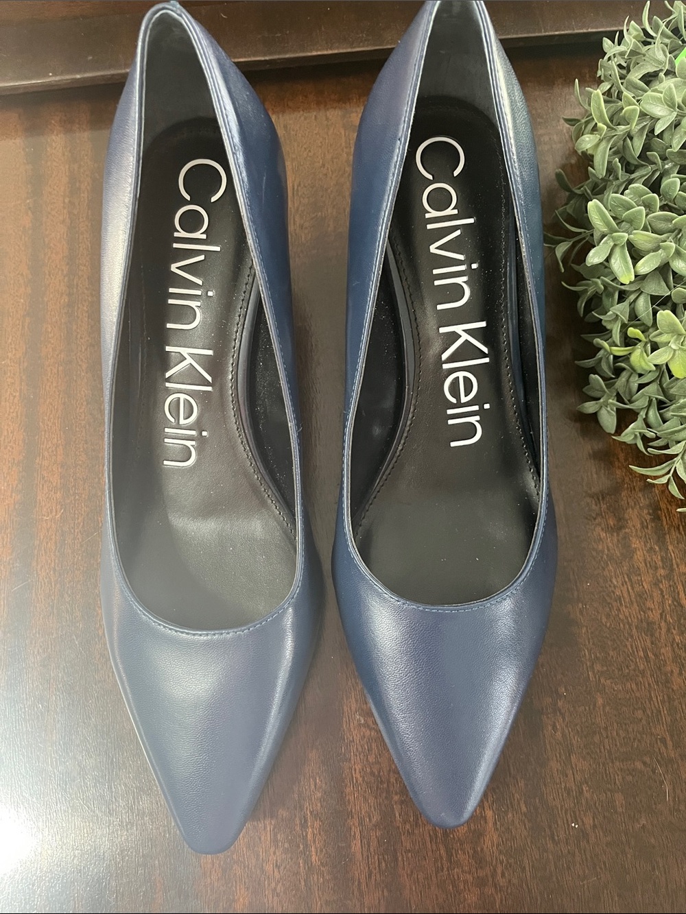 Calvin Klein Navy Pointed Toe Leather Pumps